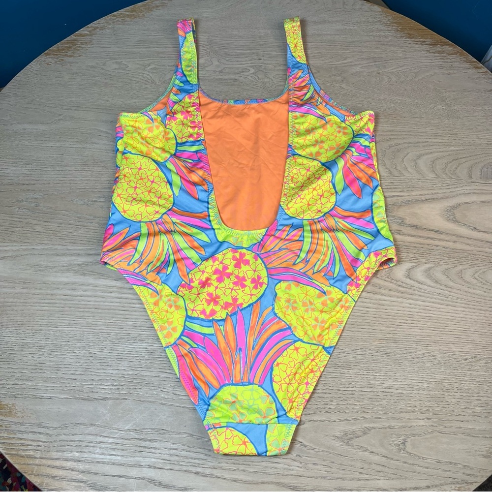 Chubbies Pinas One Piece Swim Suit Neon Pink Yellow Pineapple Women’s Size L - Picture 2 of 6